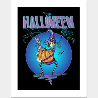 Cute Halloween Witch And Cat Posters and Art